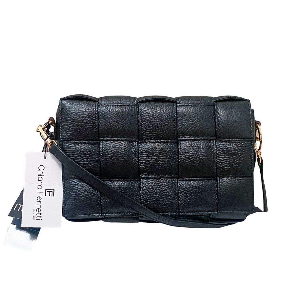 Chiara Ferretti Genuine Italian Leather Padded Woven Cassette Bag - Black